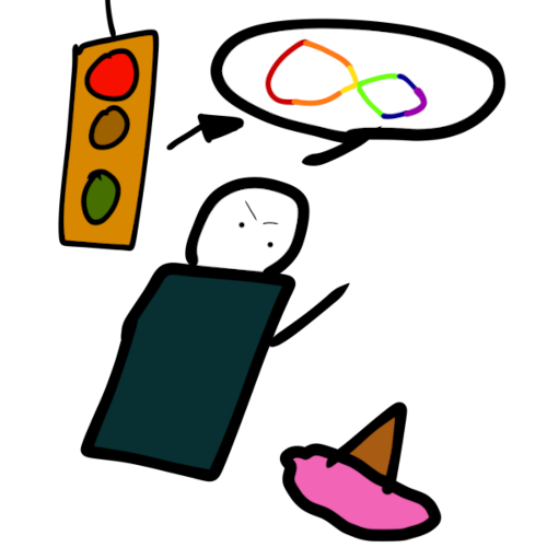 a simply drawn person with angry eyes gestures at their fallen ice cream cone while calling it “autistic” (shown by a speech bubble with a rainbow infinity sign). A traffic light is shown with an arrow from it to the speech bubble. The red light on the traffic light is brighter than the yellow or green.